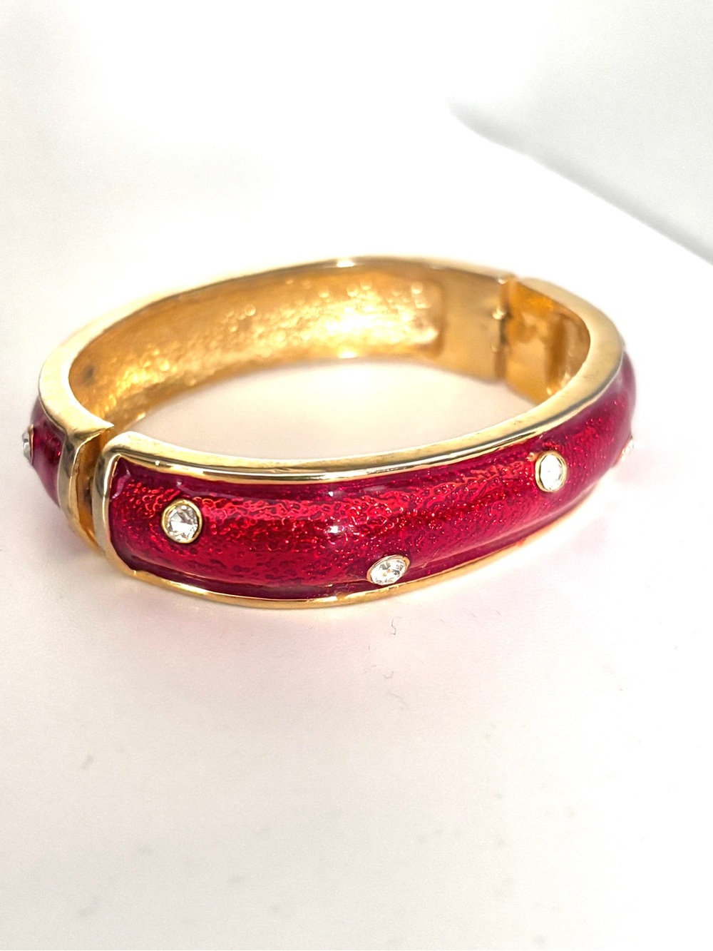 Vintage Red Enamel Hinge Bangle Bracelet Gold Tone Rhinestone Accent